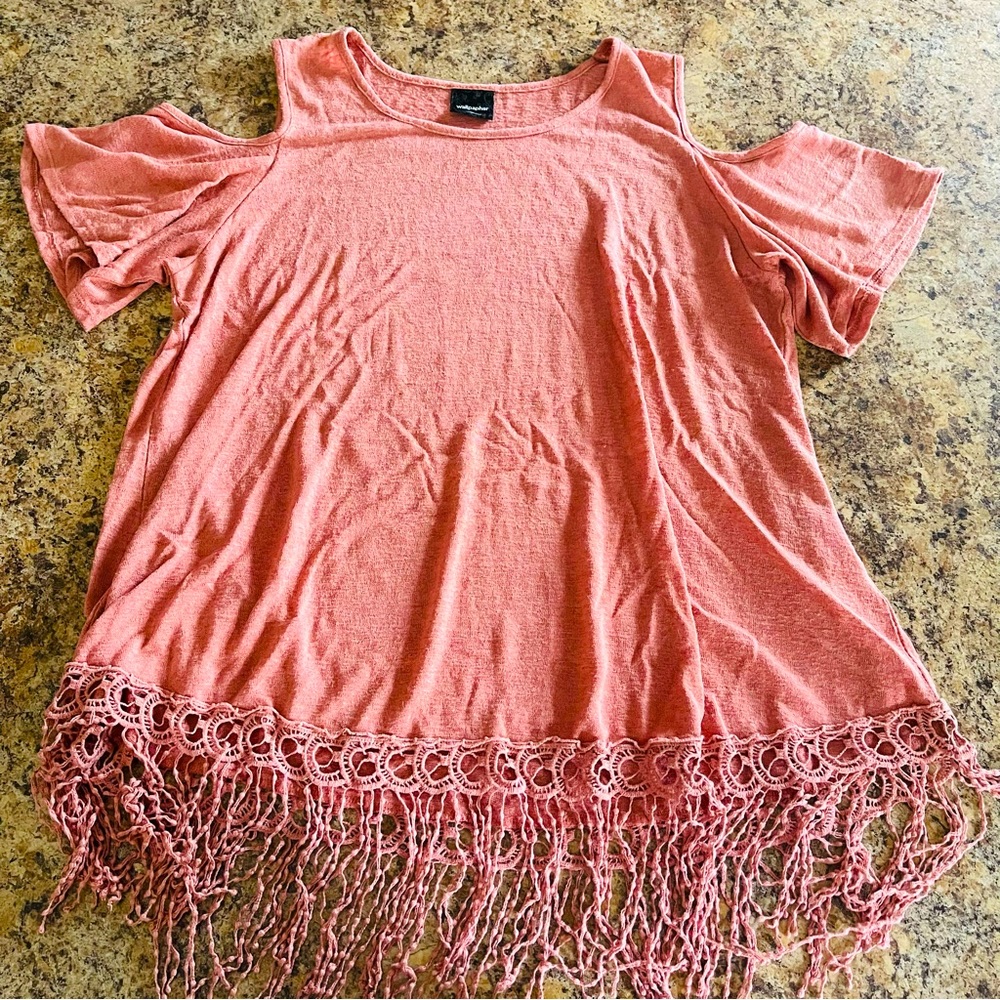 Wallpapher Pink Crochet Lace Fringe Cold Shoulder Blouse, Size XL